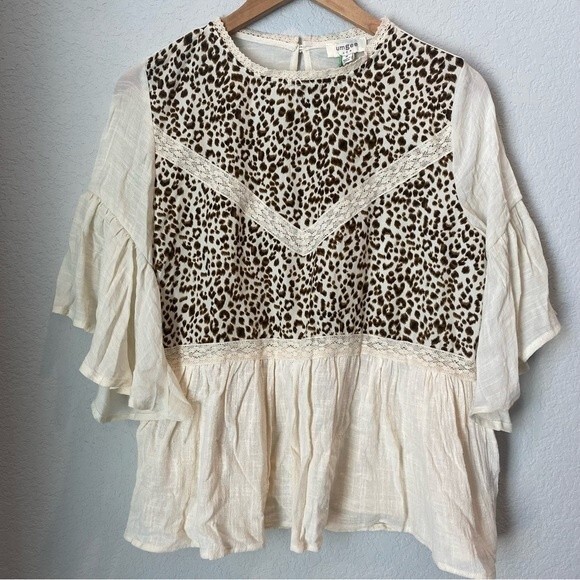 NWT Umgee Cream Animal Print Boho 100% Cotton Blouse - Size M - Picture 1 of 6